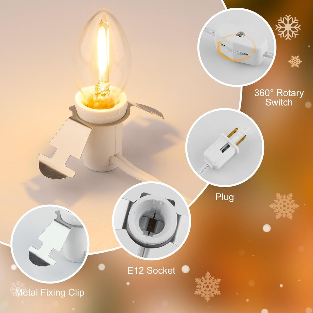 Accessory Cord with One LED Light Bulb - 6ft UL-Listed Cord with On/Off Switch, C7 LED Bulb for Christmas Village House Halloween Pumpkin Blow Mold, Ceramic Tree, Salt Lamp, Craft Project, 4 Pack