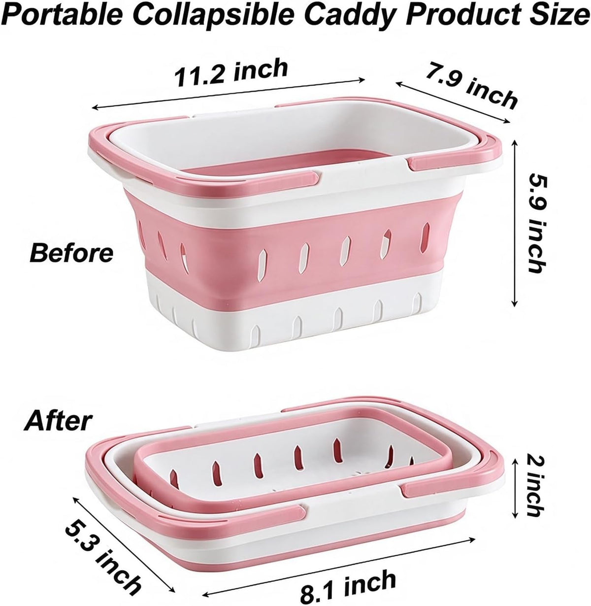 2 Pack Portable Shower Caddy Tote, Collapsible Plastic Storage Basket with Handles, Foldable Multifunctional Organizer for Bathroom, Kitchen, College Dorm, Gym, Travel and Camping, Pink