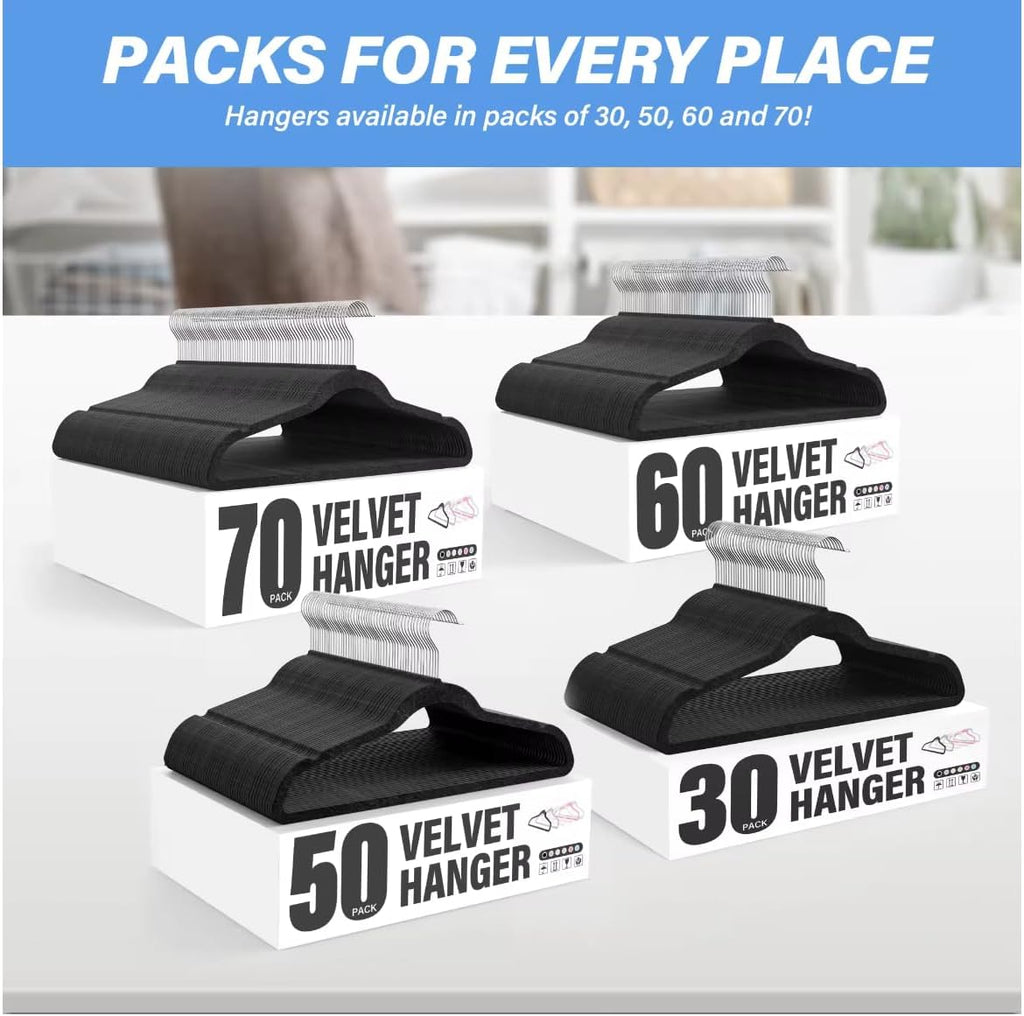 YSSOA Velvet Hangers 60 Pack, Non-Slip Clothes Hangers with Shoulder Notches, 360° Swivel Hooks, Heavy Duty Standard Hangers for Closet Space Saving, Black