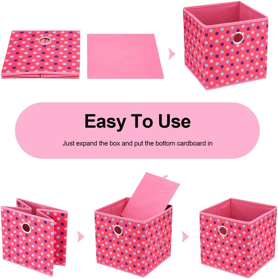 Collapsible Cloth Cube Storage Bins Polka Dot Fabric Girls Storage Pink Cube Bins Kids Storage Cubes Boxes Clothes Organizer Bin 10x10x10 Inches Foldable Storage Baskets ,QY-SC15-6