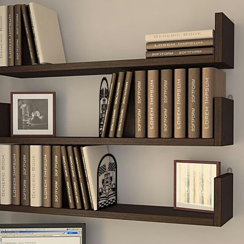 2pcs Book Ends Formula Car Metal Bookends Heavy Duty Book Stoppers Non-Slip Bookend Office for Small Large Heavy Books Textbooks Black
