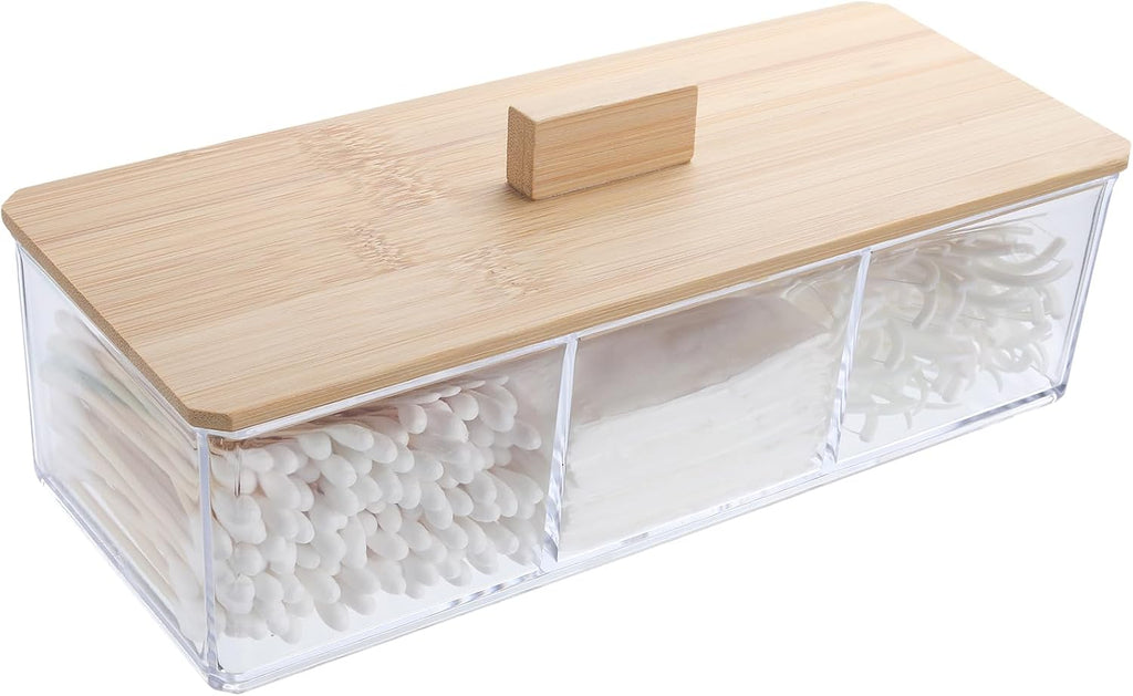 Wood Qtip Holder 3 Compartments Cotton Ball and Swab Holder Organizer with Lid,Jar for Cotton Rounds,Bathroom Containers,Clear Acrylic Desk Organizer for Makeup Pads,Cosmetics Bedroom