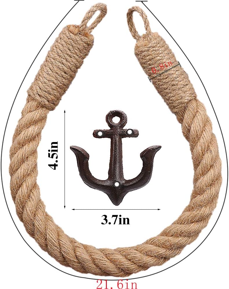 2 Pcs Nautical Rope Toilet Paper Holder Wall-Mounted Towel Ring Nautical Toilet Paper Holder with Metal Hooks Coastal Towel Rack Natural Antique Rope(Black+Black)