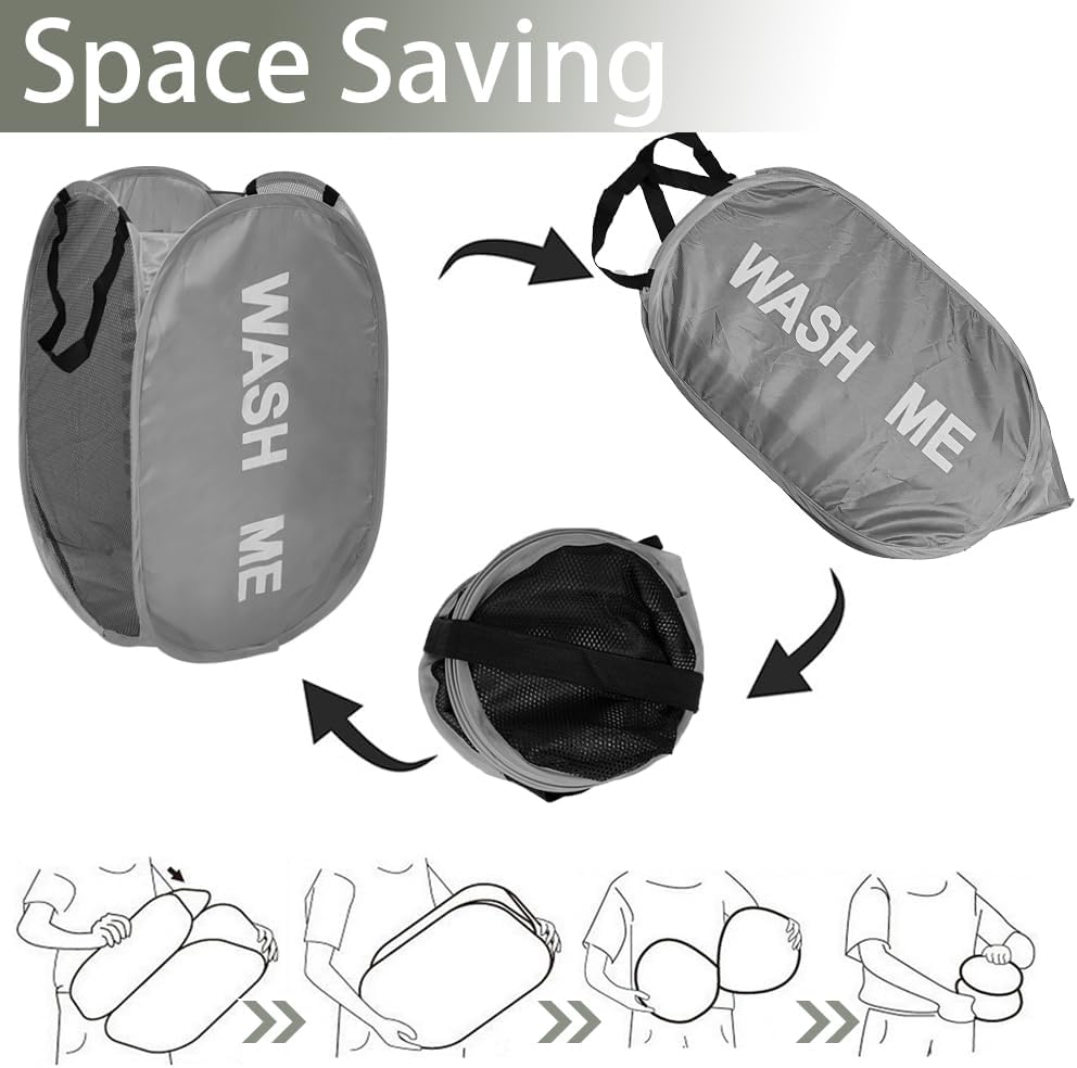 Pack of 2 Mesh Pop Up Hampers Collapsible Laundry Baskets for Dirty Clothes Storage With Side Pocket for Students, College Dorm, Apartment (Grey+Pink)