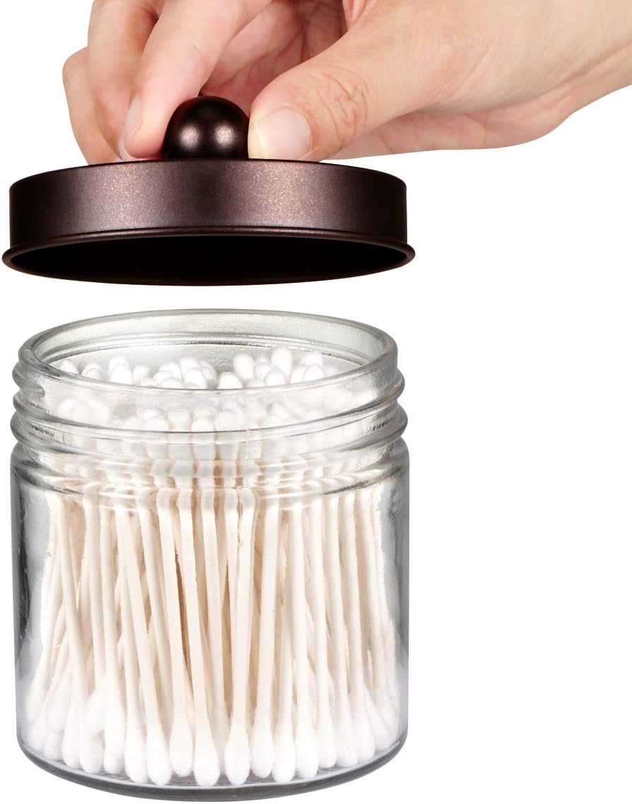 SheeChung Glass Mason Jar Qtip Holder, Bronze Stainless Steel Lids, 2 Pack