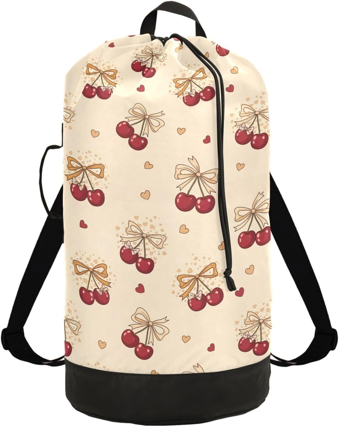 Bow Cherry Beige Laundry Bag Backpack Dirty Clothes Bags Organizer With Extra Large Heavy Duty for Vacation Road Trip Essentials Dorm