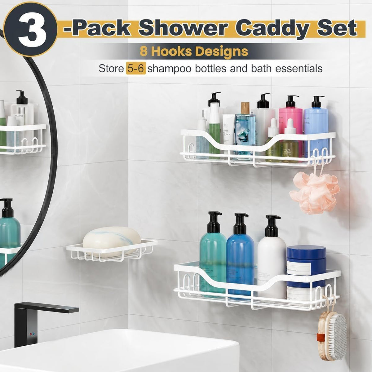OMAIRA 3-Pack Shower Caddy with Soap Holder, Adhesive Rustproof No-drill Strudy Loading Inside Shower Organizer Shelves Rack Storage Bathroom Organization for Smooth Wall Glass Tile, White (XX-Large)