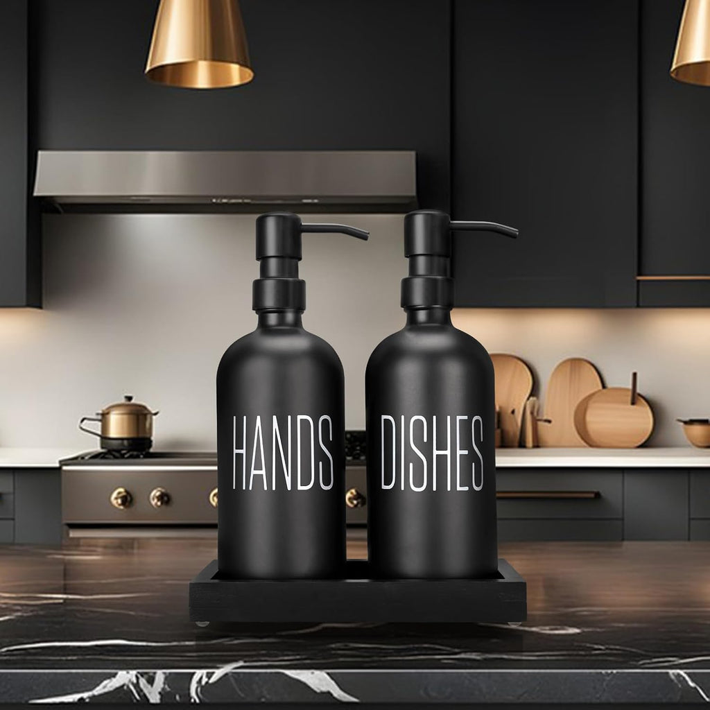 Black Soap Dispenser Set， Hand Soap Dispenser and Dish Soap Dispenser for Kitchen， Glass Kitchen Soap Dispenser Set with Pump， for farmohouse Kitchen Counter Décor