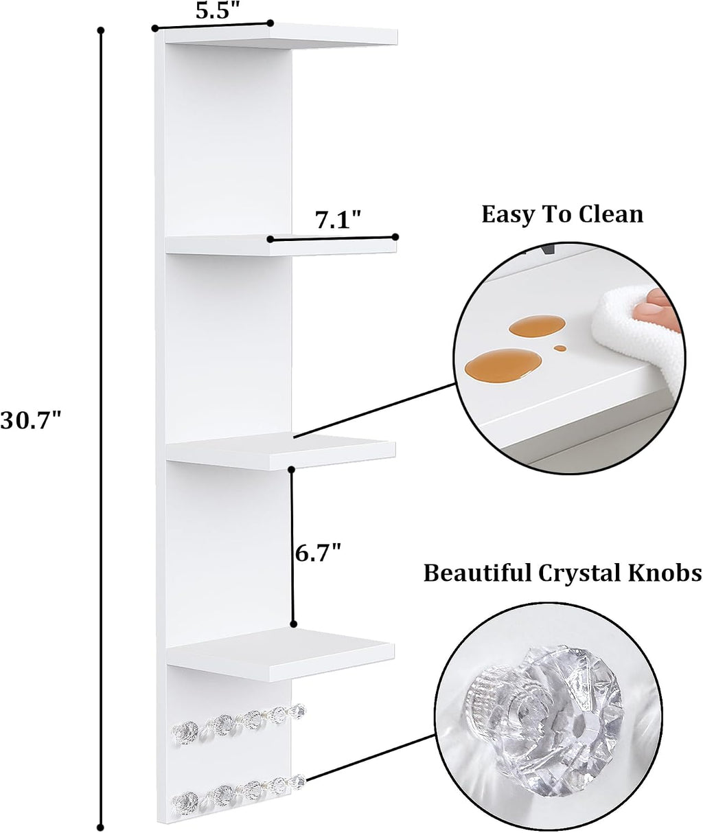 LitaEther 4 Tier White Lack Shelf Vanity Wall Shelf with 10 Crystal Hooks - Multi-Functional Storage for Makeup, Jewelry, Plants, Awards & Display (L7.1 x W5.5 x H30.7) (1)