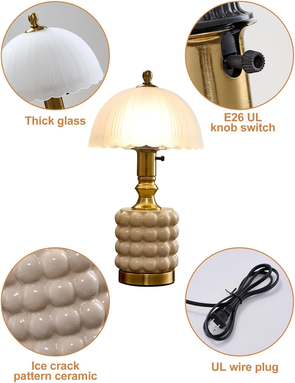 Vintage Lamp for Bedroom,Unique Lamps Cracked Ceramic lamp,UL Rotary Switch Control Glass lamp Shade,Small Table lamp for Living Room Decor Kitchen Lighting (White+Glass)