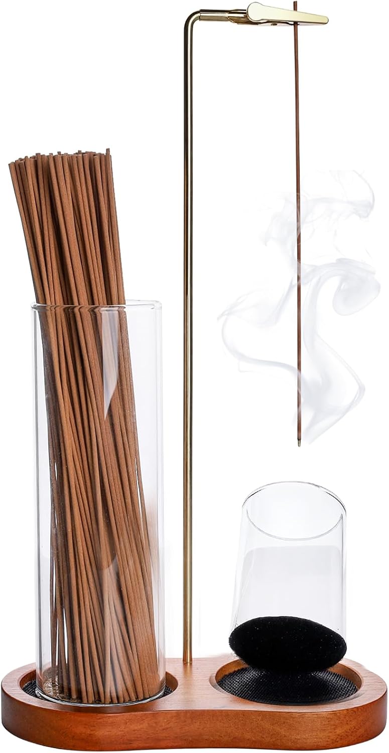 2-in-1 Wooden Incense Holder with Stable Anti-Tip Dual Glass Cups