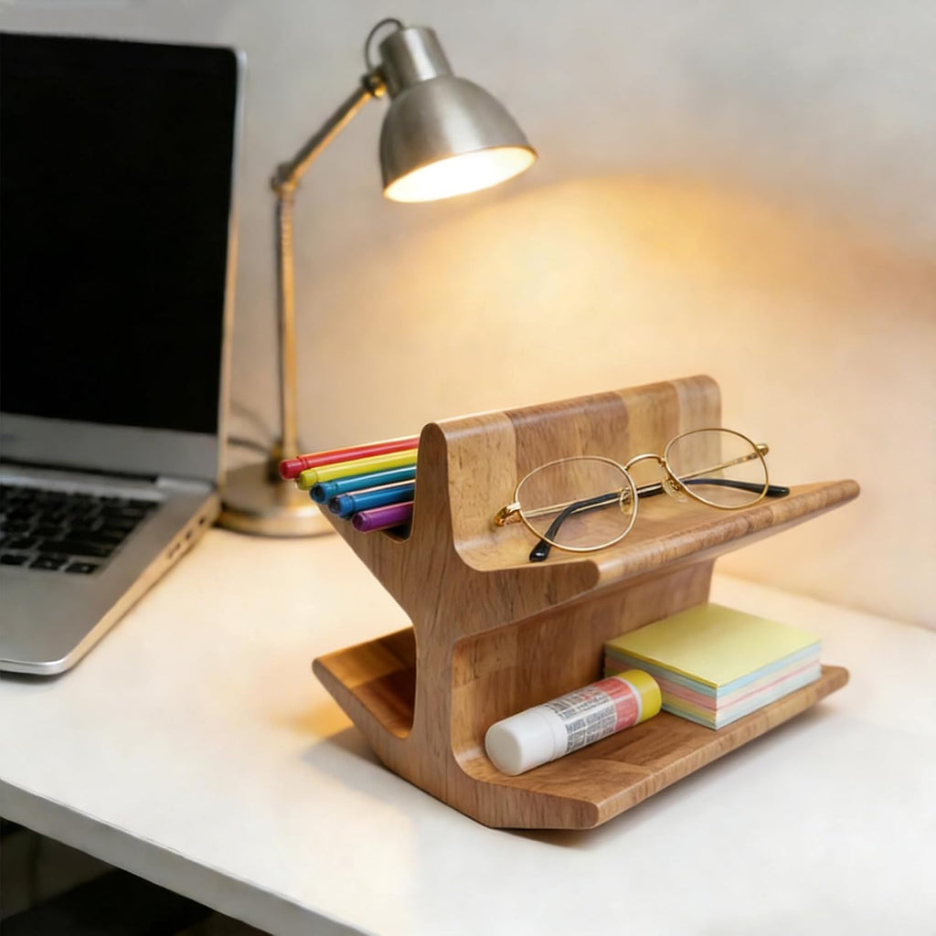 Wooden Remote Control Holder - TV Accessories & Glasses - Universal Living Room, Bedside Table or Office Desk Organizer in Natural Wood Finish (Wood grain brown)