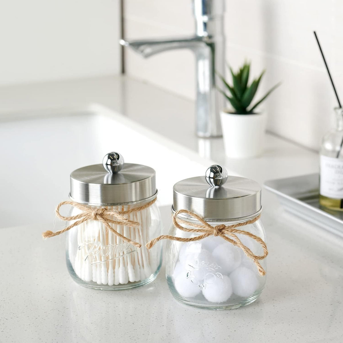 SheeChung 2 Pack Glass Mason Jar Qtip Holder Dispenser, Brushed Nickel Lids
