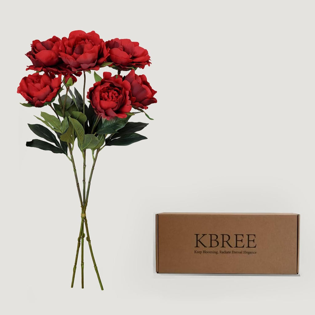 KBREE Peonies Artificial Flowers, 25.2" Real Touch Flowers, 3 Pcs Peony Stems with Large Bloom Heads, Lifelike Artificial Flowers for Vase, Wedding Bouquet DIY & Floral Arrangements (Scarlet)