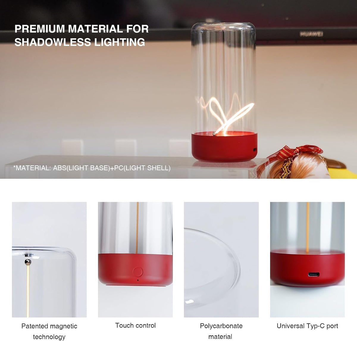 AUGE LIGHT Mini Minimalist Cordless Table Lamp, Rechargeable Ambient Light, Red