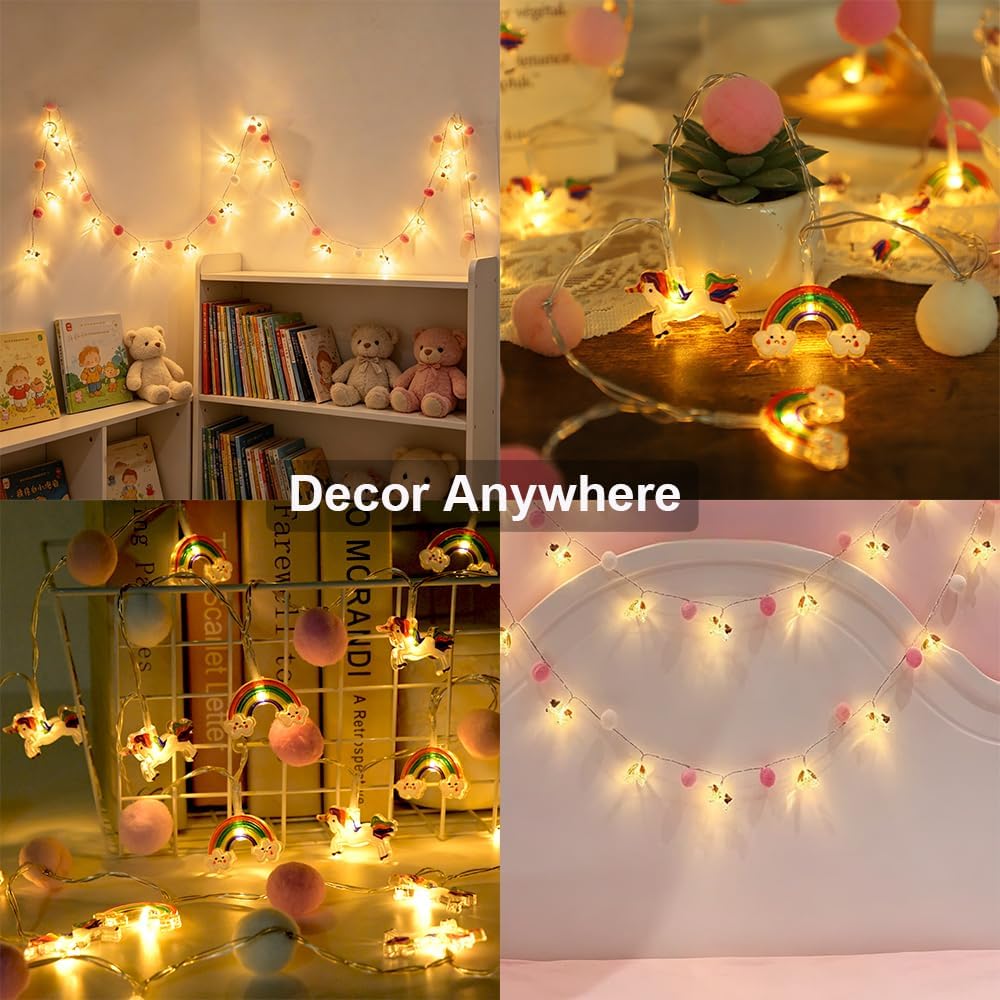 ChiRee Pink Pom Poms with Unicorn and Rainbow String Lights