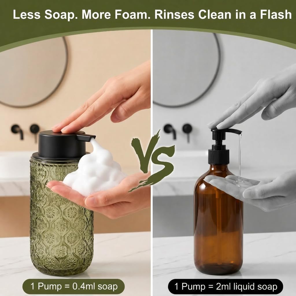Green Glass Foaming Soap Dispenser, 14 OZ Vintage Foam Hand Soap Dispenser