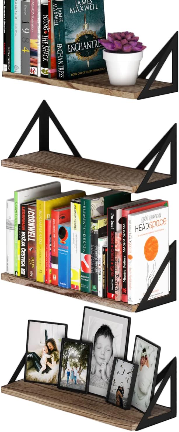 Wallniture Minori Floating Shelves Set of 4, Small Bookshelf Unit for Bedroom, Office, Bathroom, and Living Room, Natural Burned Rustic Wood Wall Decor with Metal Floating Shelf Bracket
