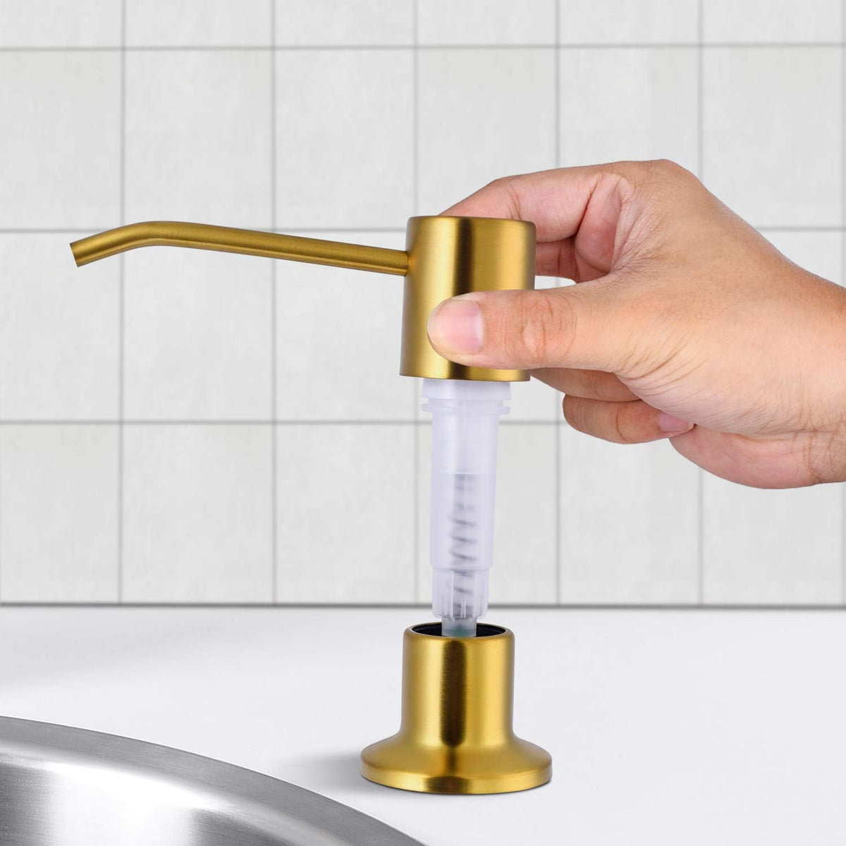 SAMODRA Soap Dispenser for Kitchen Sink, Premium Stainless Steel Pump Head 17 OZ Bottle 3.15 Inch Threaded Tube for Granite Thick Deck Installs (Brushed Brass)