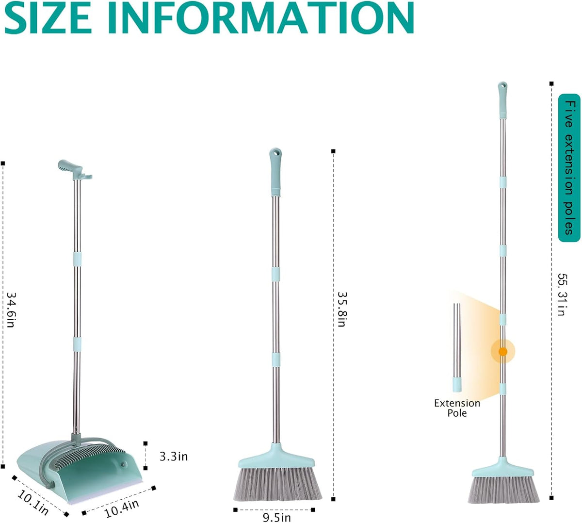 Broom and Dustpan Set+Toilet Brush Dinosaur Shape,Cute Shape Look, TPR Bristles Round Brush, Compact Size Toilet Brushes Floor Standing, 1-Pack