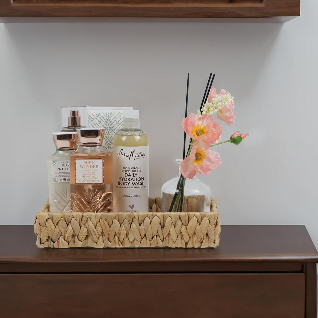 Water Hyacinth Bathroom Vanity Tray with Handle, 11 Inch