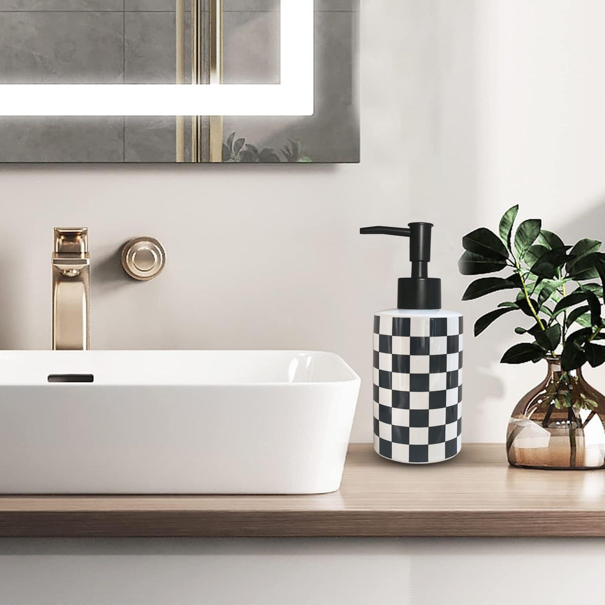 Bathroom Soap Dispenser with Matte Black Pump White Ceramic Soap Dispenser for Kitchen Checkerboard Empty Pump Bottle (Black)