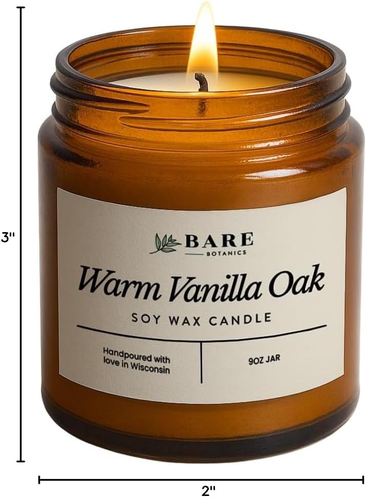 Bare Botanics 9oz Non Toxic Soy Candle Warm Vanilla Oak - 40+ Hour Burn