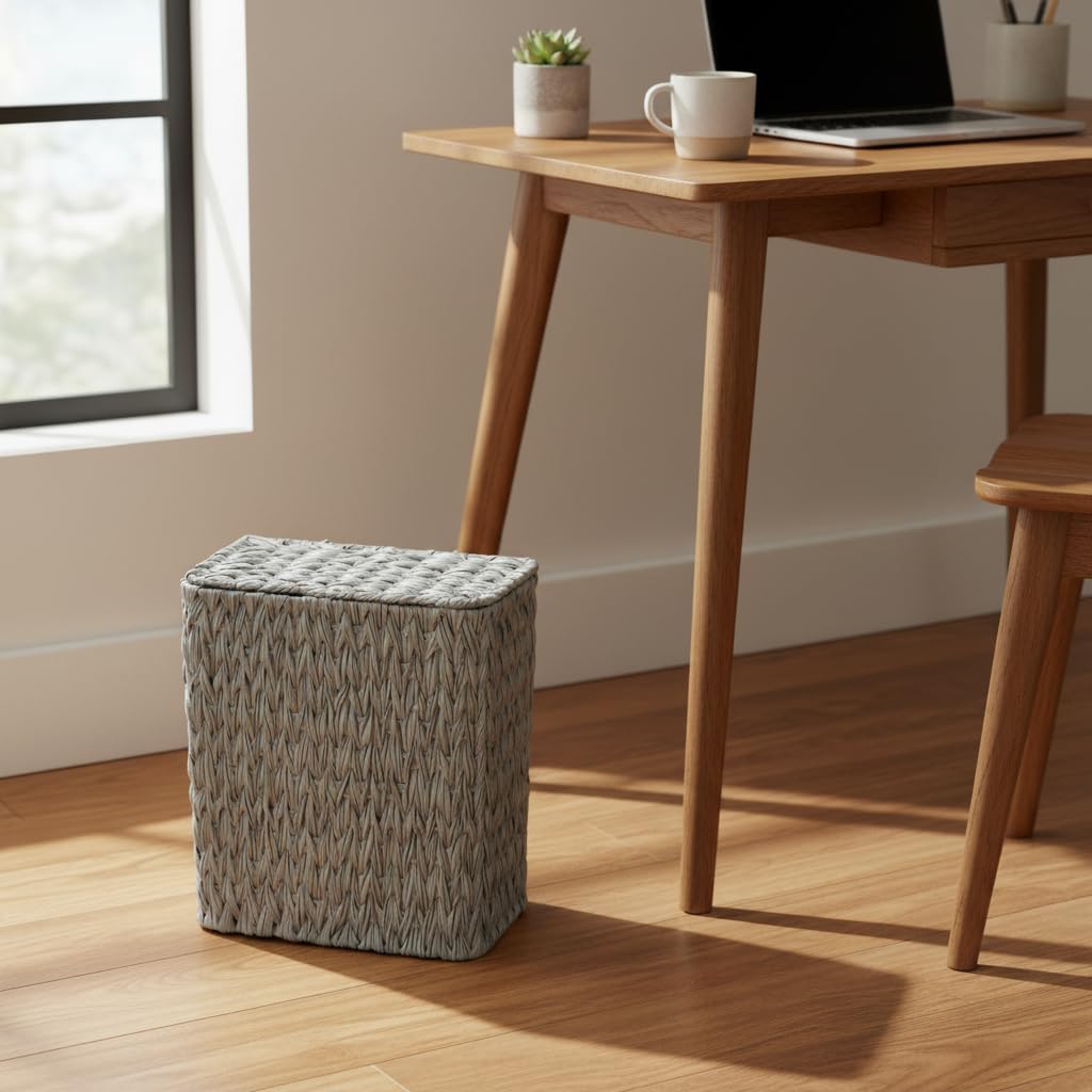 Coeusy Wicker Trash Can with Lid & Liner, Small Bathroom Waste Basket, Grey