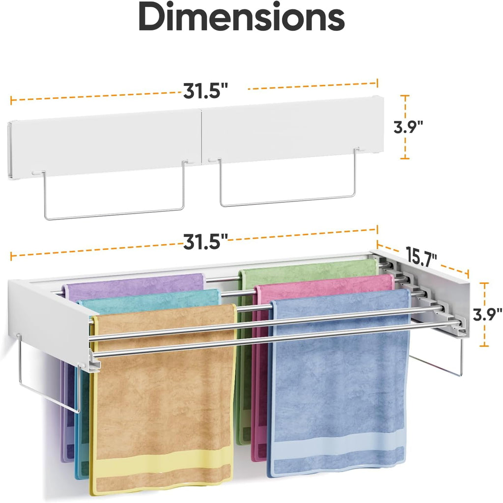Wall Mounted Drying Rack, Laundry Clothes Drying Rack Foldable, Collapsible Hanger Clothing Wall Mount with 2 Towel Handles and Wall Template for Indoor Outdoor Hanging Clothes, 5 Rods, 31.5 Inch