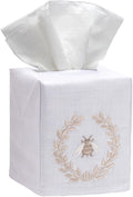 Jacaranda Living Square Tissue Box Cover, Linen/Cotton Fabric Tissue Holder, Decorative Cloth Tissue Cube Cover, Embroidered Bee Designs, Napoleon Bee Wreath (Beige)