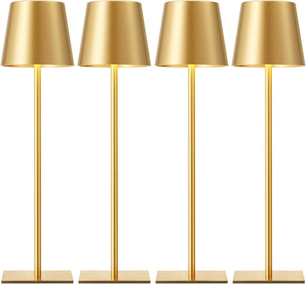 Kakanuo Gold Cordless Rechargeable Table Lamp, 4 Pack Portable Desk Lamp with 5000mAh Battery, Touch Control Stepless Dimming, Wireless Night Light for Dining, Outdoor Camping, Coffee Shop