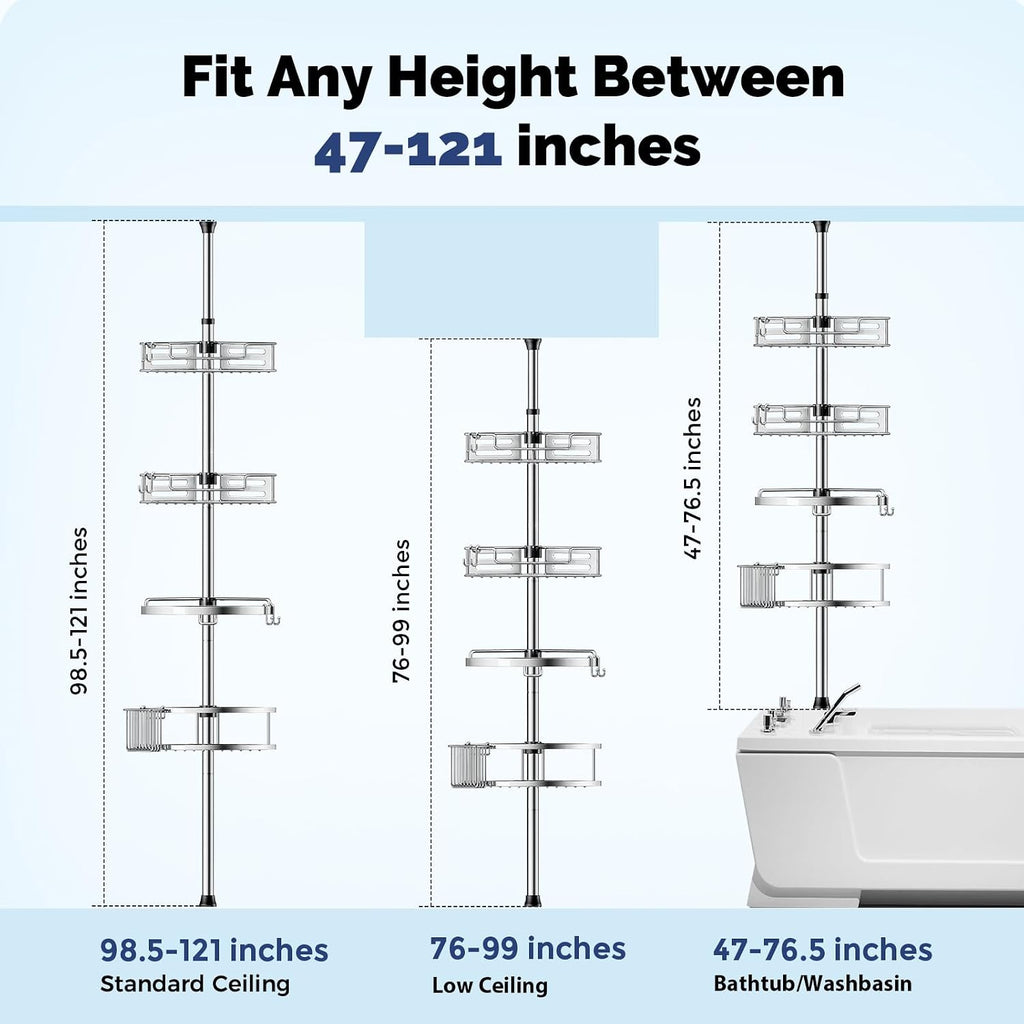 HAMITOR Shower Caddy Tension Pole, 4 Tier Corner Shower Shelves - Silver