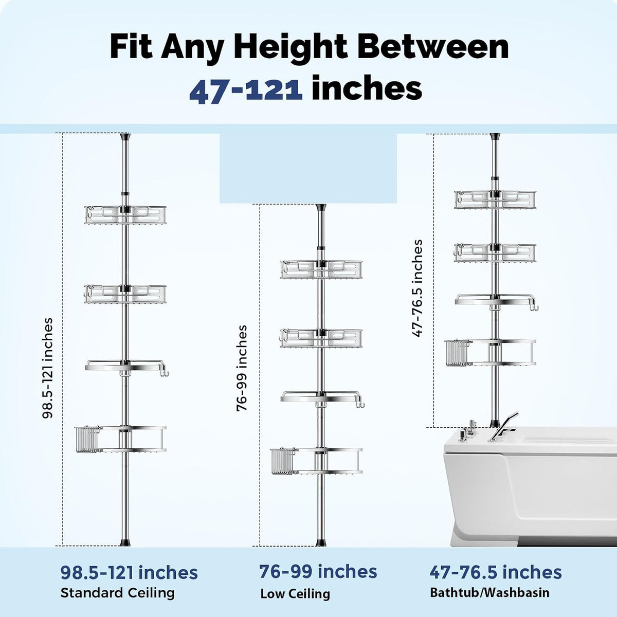 HAMITOR Shower Caddy Tension Pole, 4 Tier Corner Shower Shelves - Silver