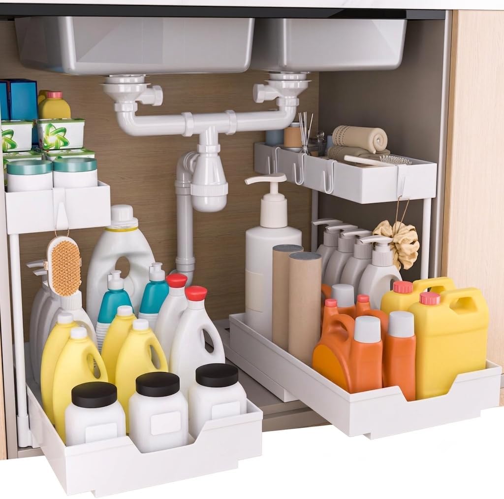 NATURE'S SOURCE 2-Tier Under Sink Organizers and Storage 2 Pack Sliding L-shape Under Cabinet Organizers For Narrow Space Multi-purpose Sink Organizer for Bathroom Kitchen Drawer(White 2 Pack)