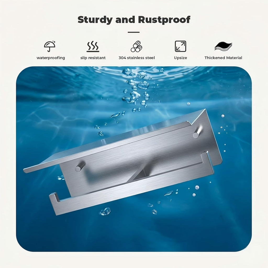Double Toilet Paper Holder with Shelf, FreshGlow Large Tissue Holder Brushed Nickel, Wall Mount Commercial Toilet Paper Dispenser Phone Shelf Stainless Steel, Tissue Roll for Bathroom
