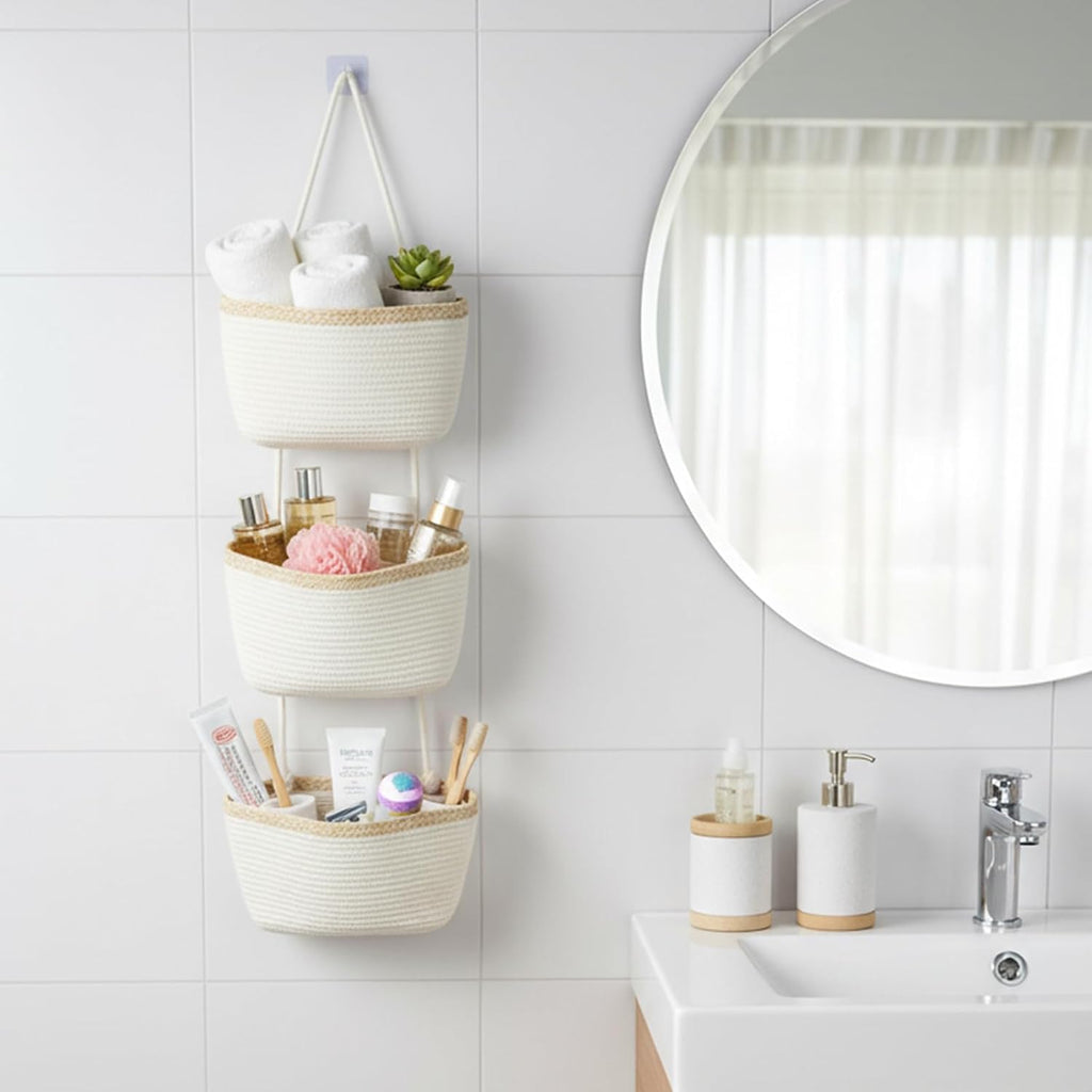 TeoKJ Over the Door Hanging Storage Basket Wall Organizer White&Light Brown