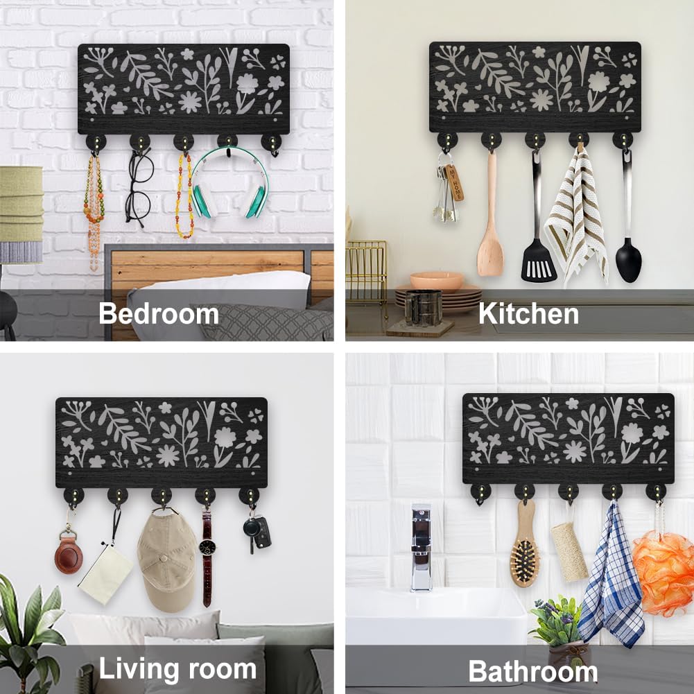 MAYJOYDIY Wood Wildflower Coat Hooks Nature Flower Key Holder 11.8×6.3inch Botanical Plant Key Hanger 5 Alloy Hooks Decoratice Key Hook for Gift Garden Living Room Office Entryway Hallway