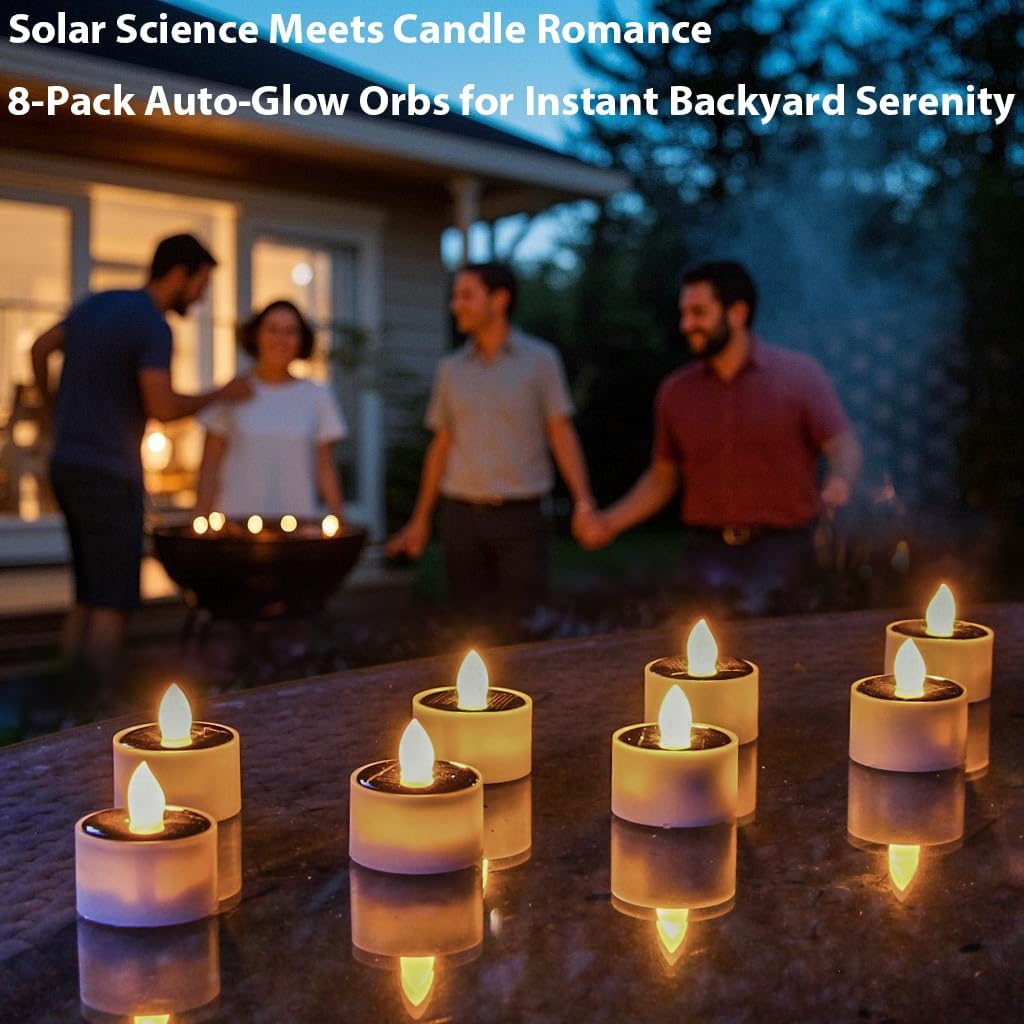 Solar Tea Lights Outdoor Waterproof, 8pcs Rechargeable Dusk to Dawn Little Solar Votive Candles, Flameless Flickering Small Light for Lantern Window DIY Chandelier Patio Deck Garden Decor (Warm Amber)