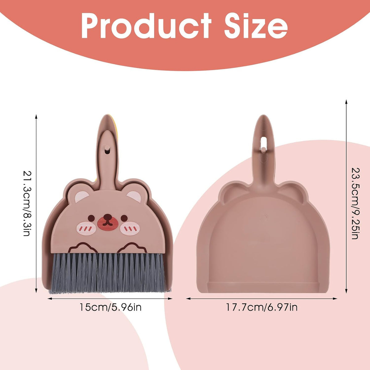 Portable Hand Broom and Dustpan Set, Cute Mini Dustpan and Brush with Bear Pattern, Small Cartoon Space Cleaning Tool for Home Office Desktop Car Camping Kitchen Tabletop (Brown)