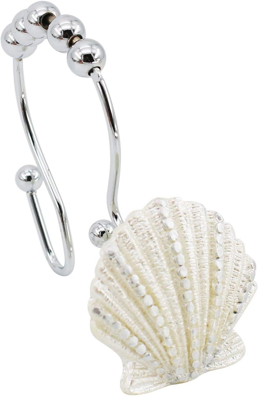 BEAVO Seashell Shower Curtain Hooks,12 Pcs Double Roller Glide Rust-Resistant Stainless Steel Decorative Shower Curtain Rings for Bathroom, Baby Room, Bedroom, Living Room Decor (White)