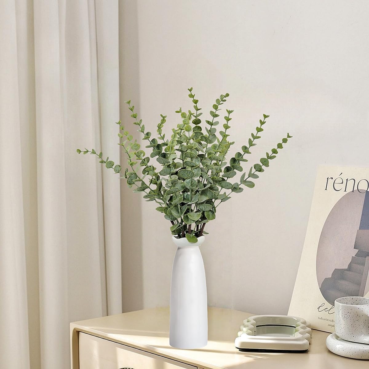 Artificial Plants Eucalyptus Branch in Ceramic Vase, 17.7” Fake Plant Greenery Stems Leaves Branches Faux Eucalyptus Stems for Home Office Farmhouse Wedding Table Centerpiece Décor