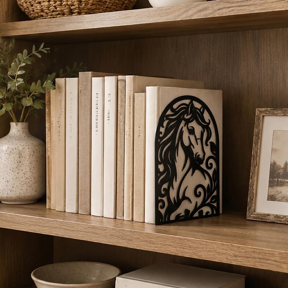 1 Pairs Metal Bookends, Galloping Horse Design Heavy Duty Black Book Support, Modern Creative Non-Skid Books Organiser for Shelves Bookshelf Office Home Decor, Bookworms Gift