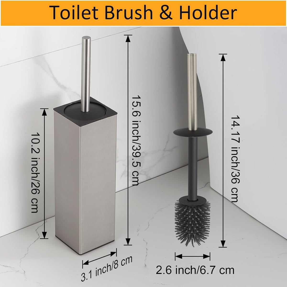 BGL Toilet Brush and Holder Set Brushed Nickel Aluminium Freestanding Toilet Bowl Cleaner Brush and Holder for Bathroom Storage and Organization, Square Design Sturdy and Space Saving