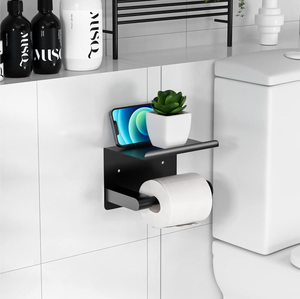 GLNLQ Matte Black Toilet Paper Holder with Shelf, Fits Mega Rolls Size