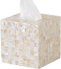 5.9” Mother of Pearl Tissue Box Cover for Kleenex and More – Handcrafted Square Tissue Holder with Sliding Bottom – Decorative Napkin Dispenser for Bathroom, Bedroom, Kitchen, Office