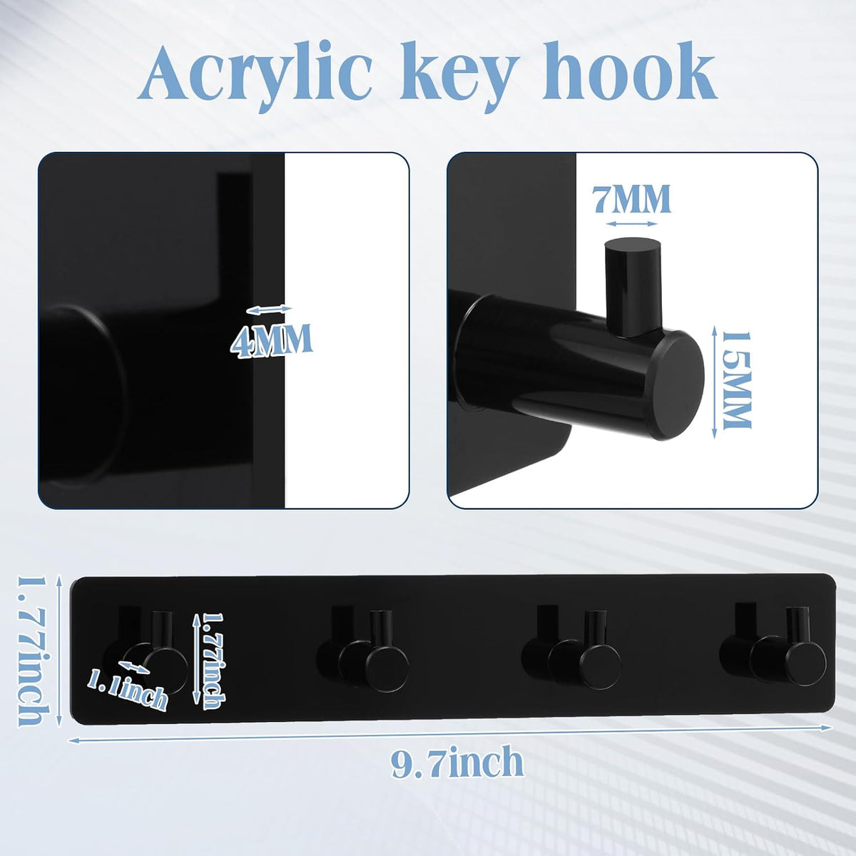 1 Pcs Adhesive Key Holder for Wall Acrylic with 4 Hooks, Black