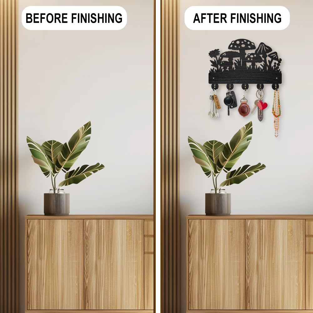 MAYJOYDIY Mushroom Coat Rack Wall Mounted Wildflower Meadow Wood Key Hooks for Wall 11.8×7.9inch Black Key Holder Hanger Wall Art Decor with 5 Alloy Hooks for Gift Hallway Entryway Kitchen