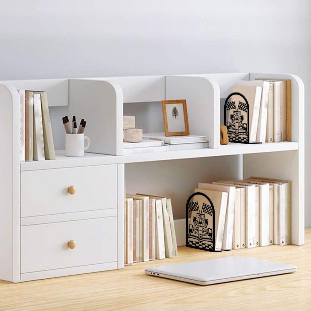 2pcs Book Ends Formula Car Metal Bookends Heavy Duty Book Stoppers Non-Slip Bookend Office for Small Large Heavy Books Textbooks Black