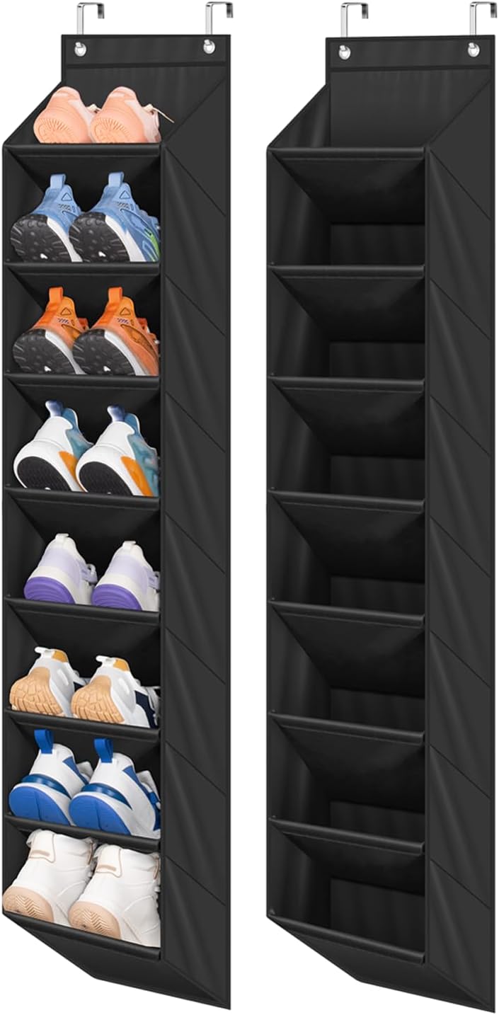 SLEEPING LAMB 2 Pack Narrow Over The Door Shoe Organizer with 8 Large Deep Pockets, Hanging Shoe Rack for Closet Door Storage for Boots, Sneakers (Black)