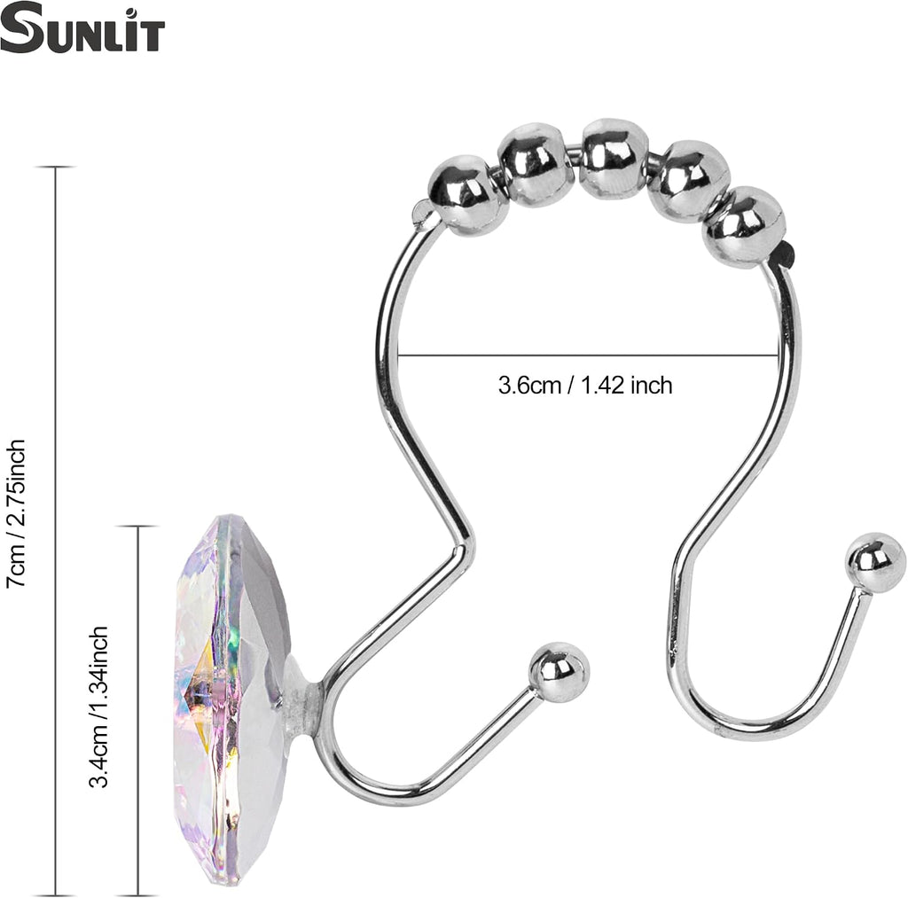 Sunlit Round Rhinestone Shower Curtain Hooks with Glide Balls, 12 Pack